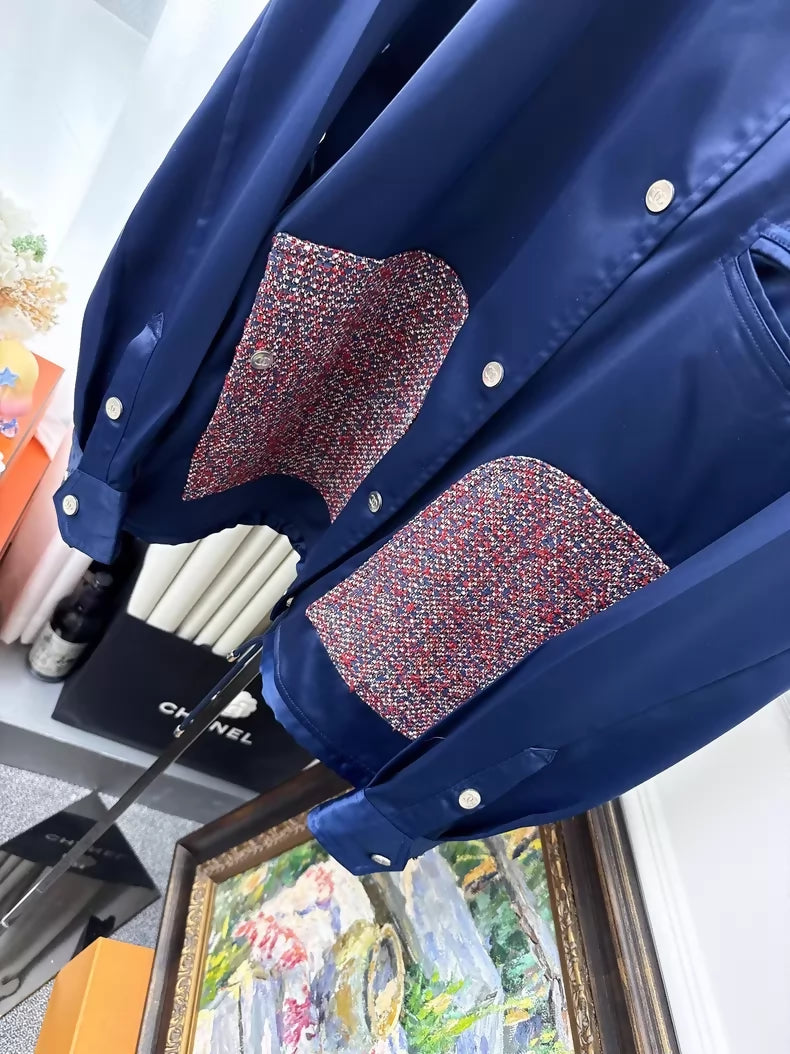 Chanel 16P navy blue satin jacket with burgundy tweed pockets
