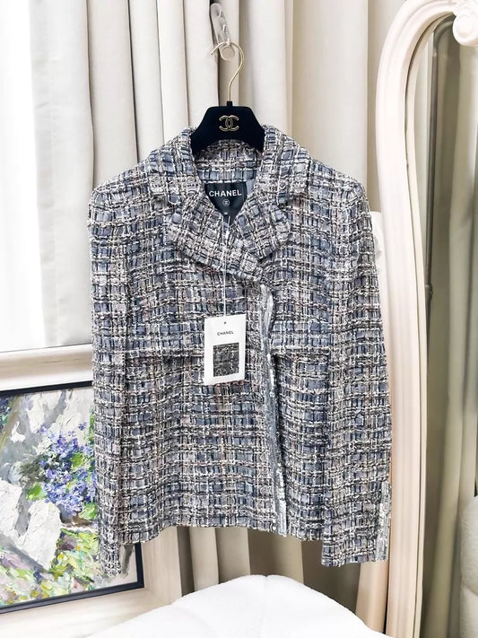 Chanel 20S grey sequined tweed jacket