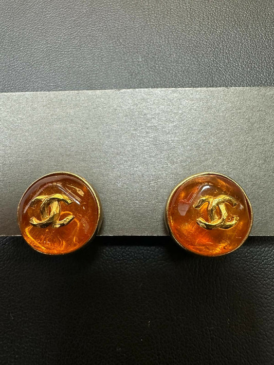 Chanel Vintage 99 Resin Orange Round CC Clip-on Earrings