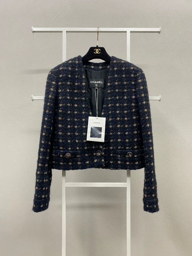 Chanel 19K Black and Gold Check Tweed Jacket