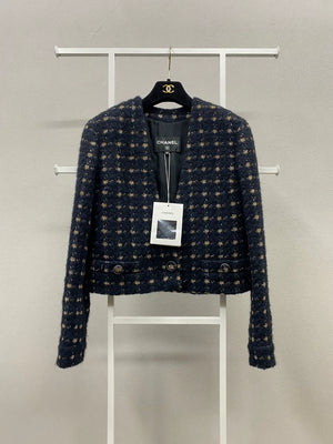 Chanel 19K Black and Gold Check Tweed Jacket