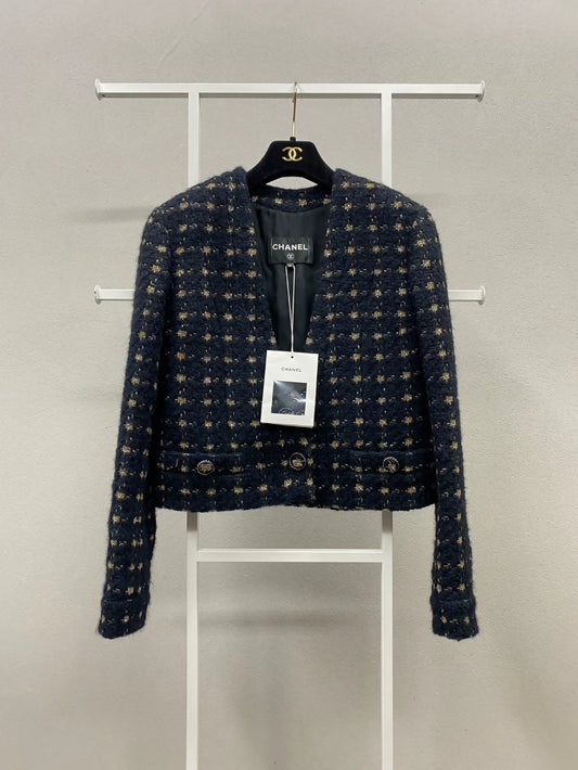 Chanel 19K Black and Gold Check Tweed Jacket