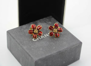Chanel Vintage 03P Enamel Gold and Red Floral Stacked Stud Earrings