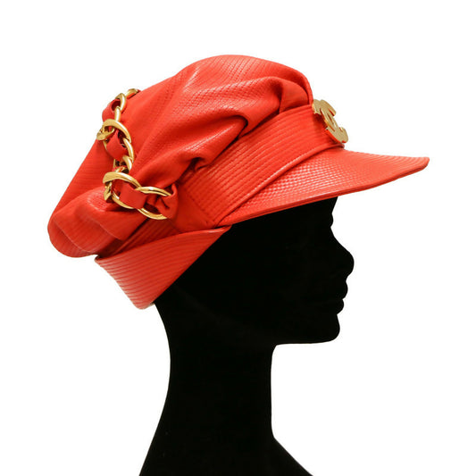 Chanel Vintage Fall 1991 Casquette in Red Leather with Gold CC Logo and Chain Detail