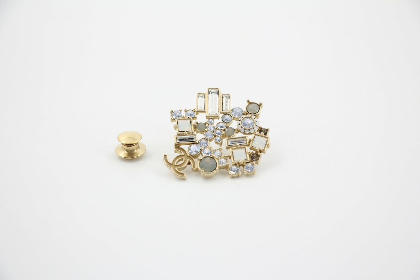 Chanel Vintage 10A Rhinestone Irregular Geometric Pattern Gold Brooch