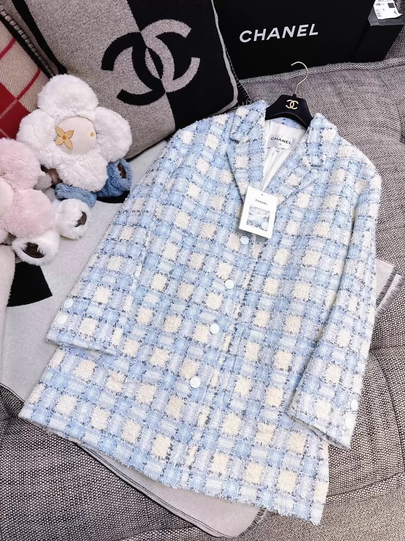 Chanel 22B blue and white sequined check tweed jacket