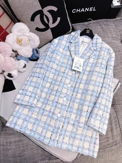 Chanel 22B blue and white sequined check tweed jacket