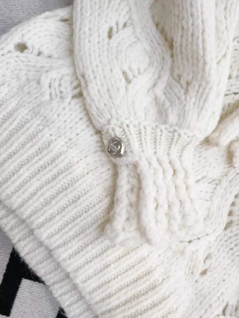 Chanel 21B White Bow Tie Cape Sweater with Heart-Button