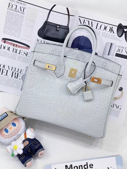 Hermès Birkin 25 Gris Neve 0W matte crocodile leather gold hardware