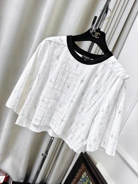 Chanel 23C white T-shirt with all-over rhinestone double C logo