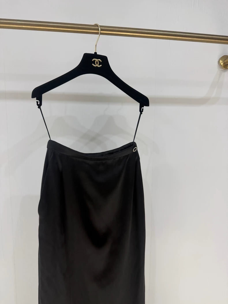 Chanel 21A black satin silk midi skirt