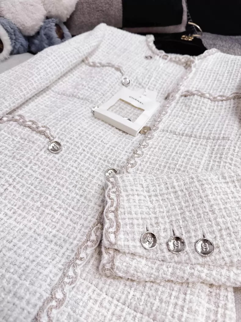 Chanel 25C white coat with gold thread trim