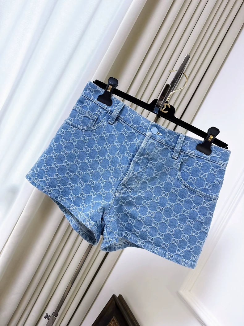 Gucci light blue logo all-over denim shorts