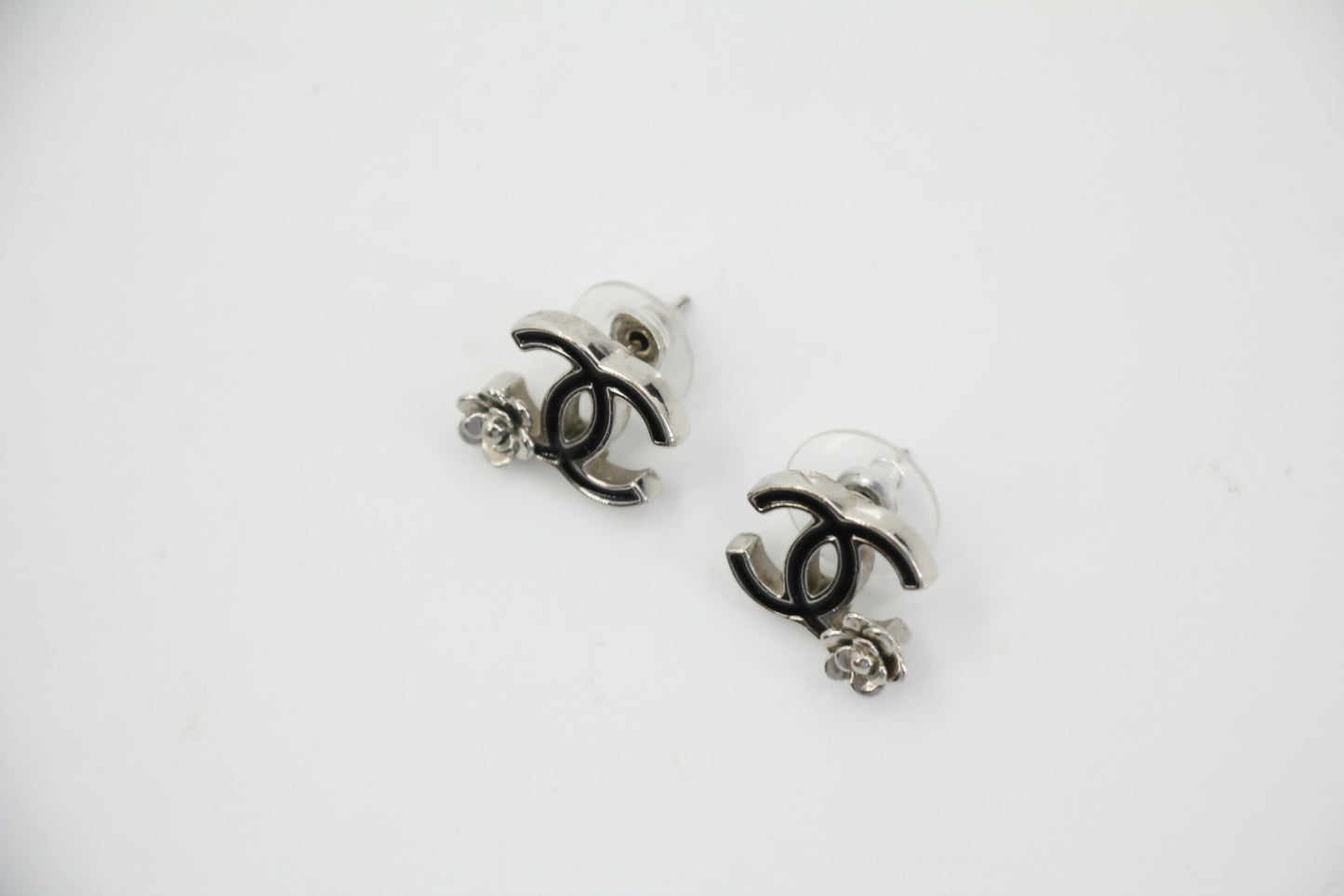 Chanel Vintage 07P Metal Black and Silver Camellia Stud Earrings