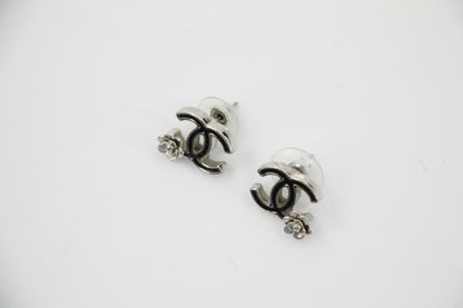 Chanel Vintage 07P Metal Black and Silver Camellia Stud Earrings