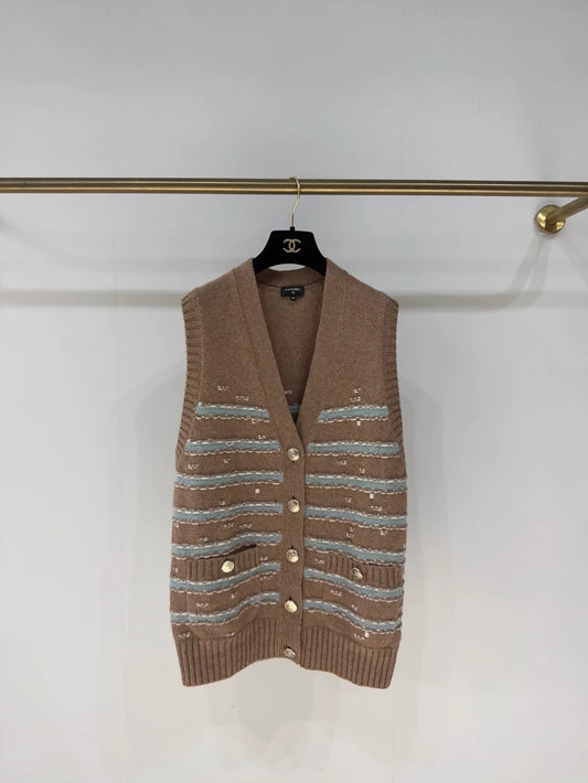 Chanel 24K brown and blue striped knit vest