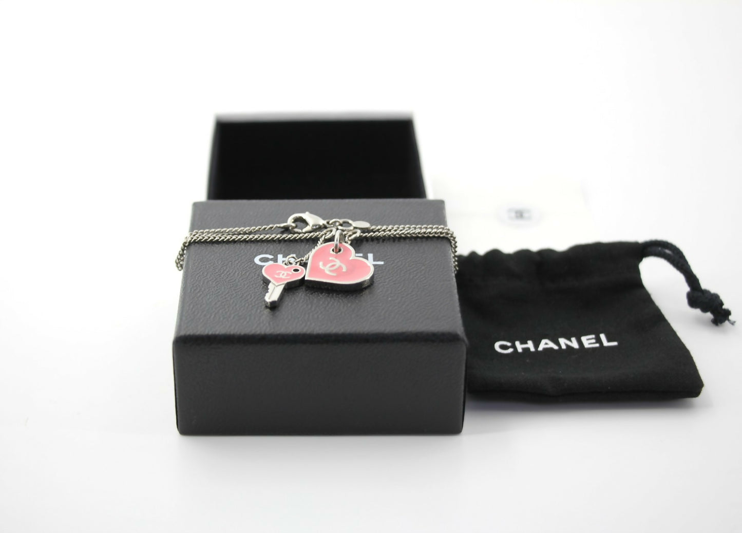 Chanel 07P Enamel Pink Heart Key Charm Silver Chain Bracelet