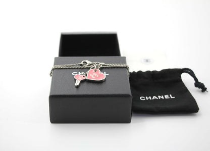 Chanel 07P Enamel Pink Heart Key Charm Silver Chain Bracelet