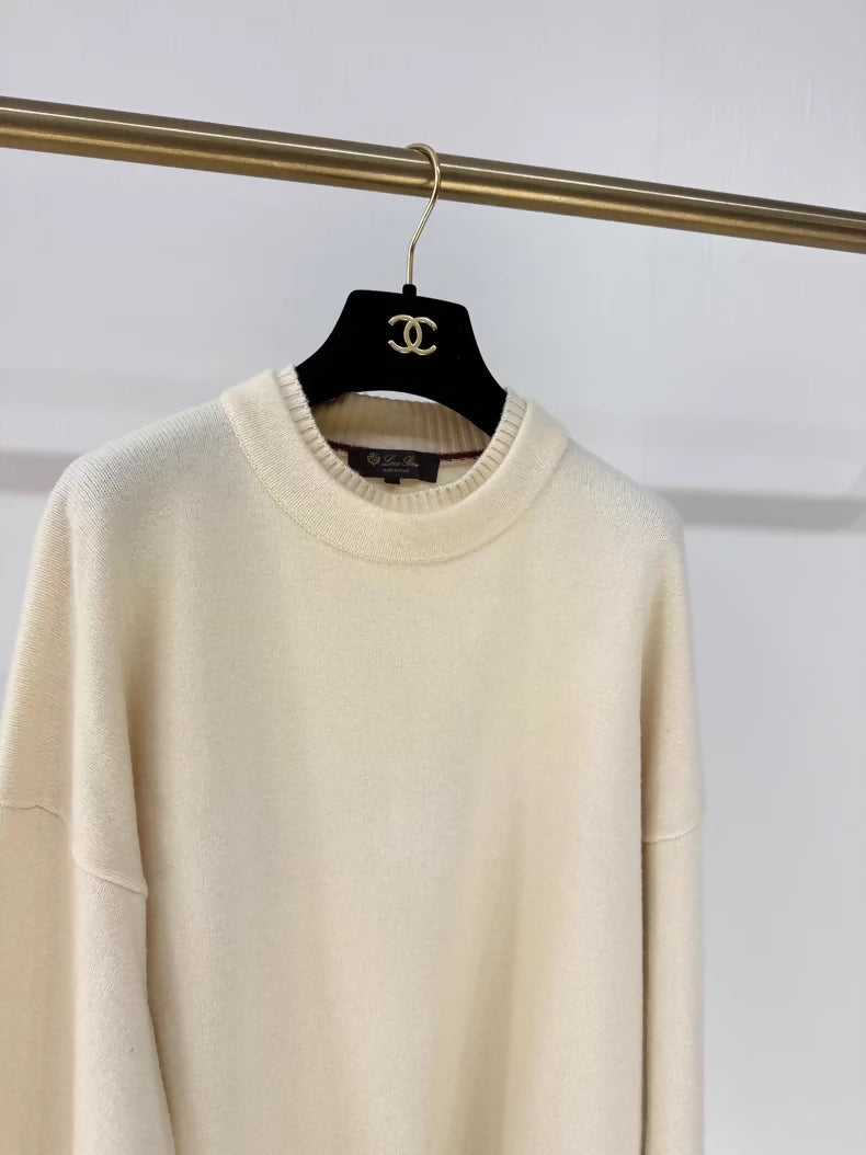 Loro Piana Cream White Sheep Wool Cashmere Knit Sweater