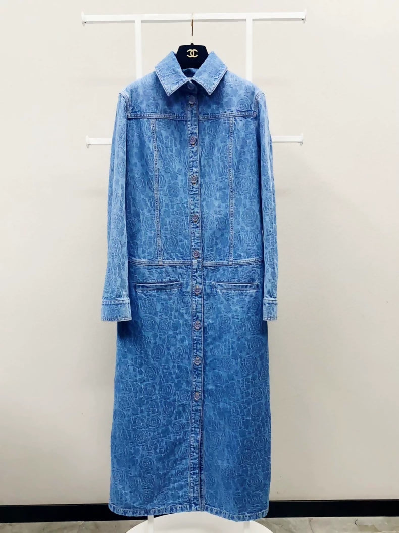 Chanel 23P long denim camellia coat 36FR