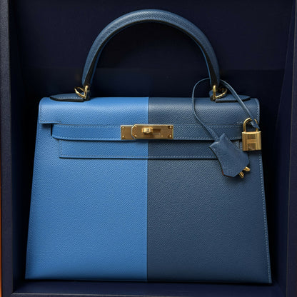 Hermès Kelly Sellier 28 Casaque Bleu Tanzania & Bleu Nuit Epsom with Gold Hardware Z Stamp (Limited Edition)