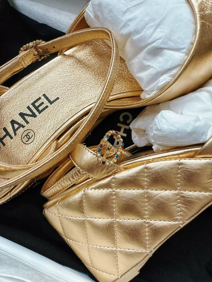 Chanel 25A gold-tone Mary Jane sandals with diamond pattern