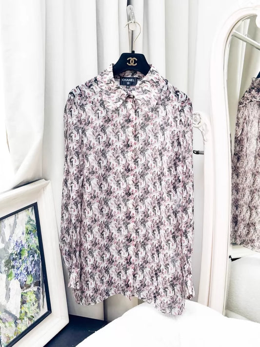 Chanel 23A black pink print silk shirt