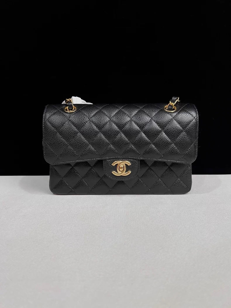 CHANEL Black lychee leather Gold hardware CF Shoulder Bag