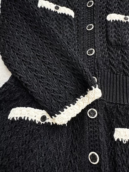 Chanel 22C Black and White Woven Camellia Button-Down Dress