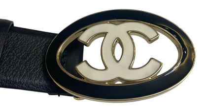 Chanel 24A Black White CC Enamel Lambskin Leather Belt Size 80/32