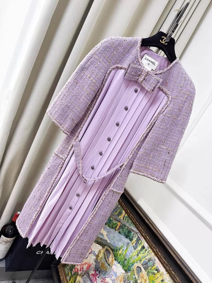 Chanel 15b Pinkish-purple tweed pleated silk dress with bow detail
