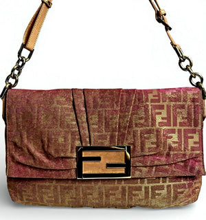 Limited Edition Fendi Zucca Baguette Metallic Pink Gold Iridescent Large Mia Bag
