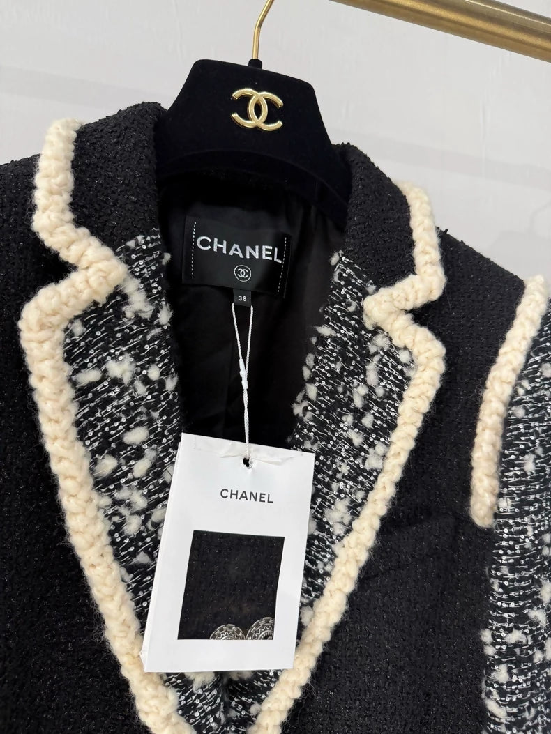 Chanel 19K Black Tweed Jacket with White Trim