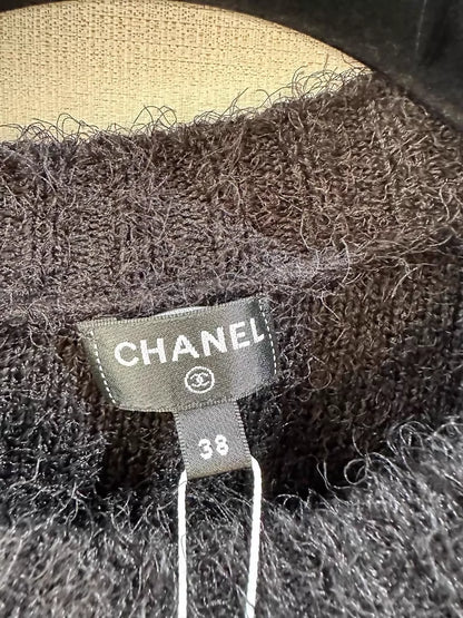 Chanel 23k Black Glitter Camellia Sequined Knit Sweater,