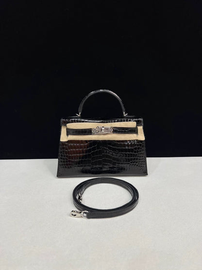 Hermes Mini Kelly 20 shiny crocodile leather palladium hardware
