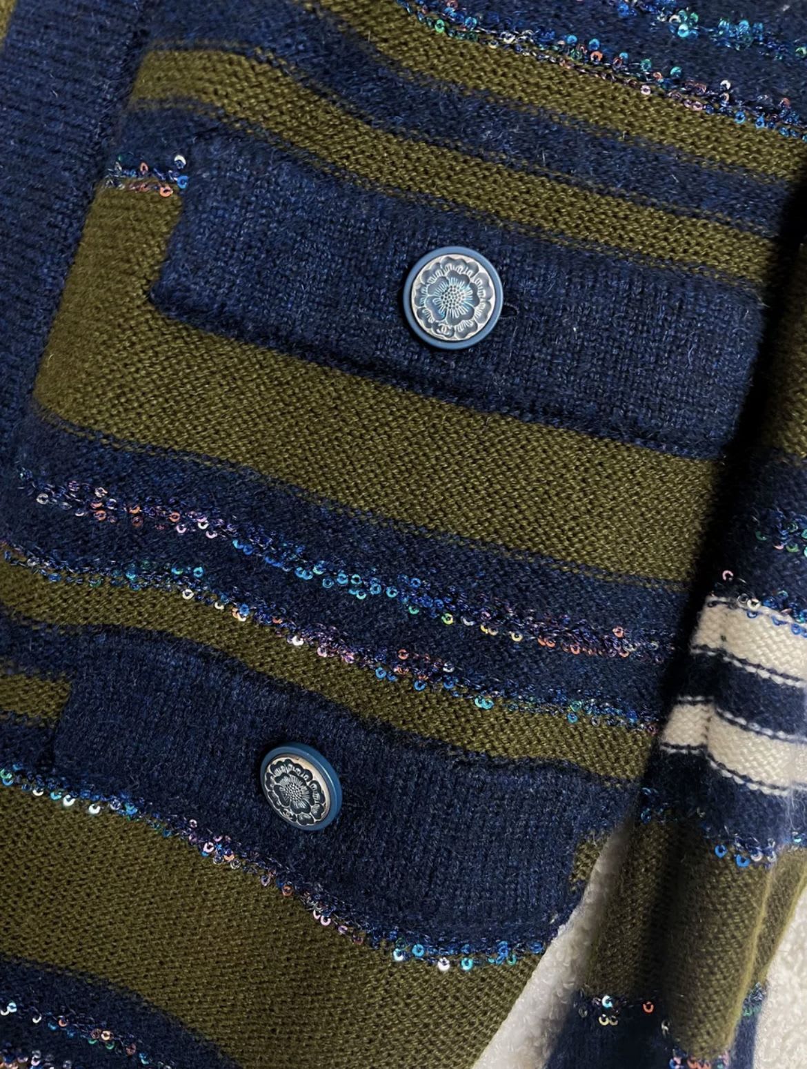 Chanel 20A dark green and blue knitted striped long cardigan