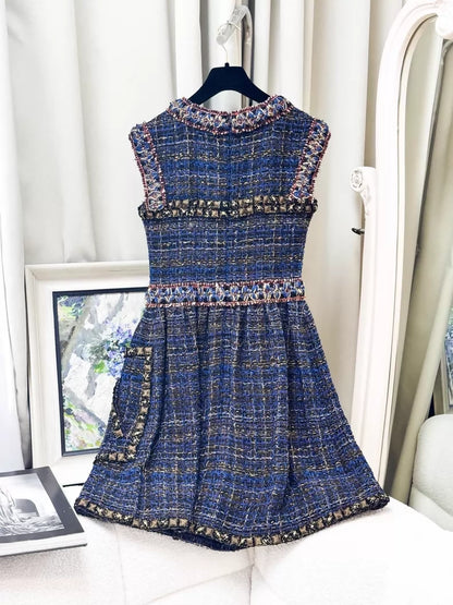 Chanel 11A Byzantine Collection deep blue jewel-embellished gold-threaded tweed dress