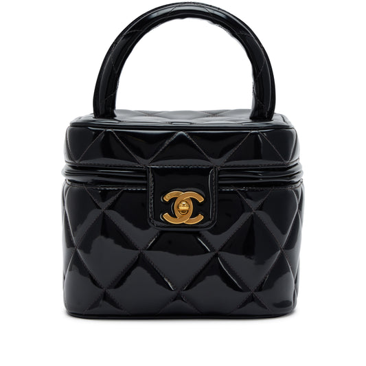 Chanel 1995 Black Quilted Patent Barbie Heart Mirror Vanity Case Bag Gold Hardware