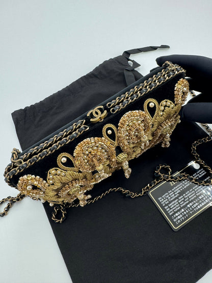Chanel 2015 Velvet Imitation Pearl & Gold Embroidery Chain Evening Clutch Bag
