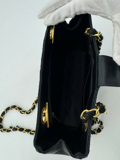 Chanel Vintage Satin and Rhinestone Shiny Black Shoulder Bag