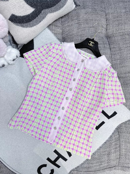 Chanel 25S pink and green plaid silk tweed jacket
