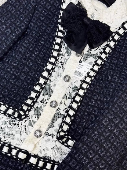 Chanel 16A black and white lace crochet tweed dress