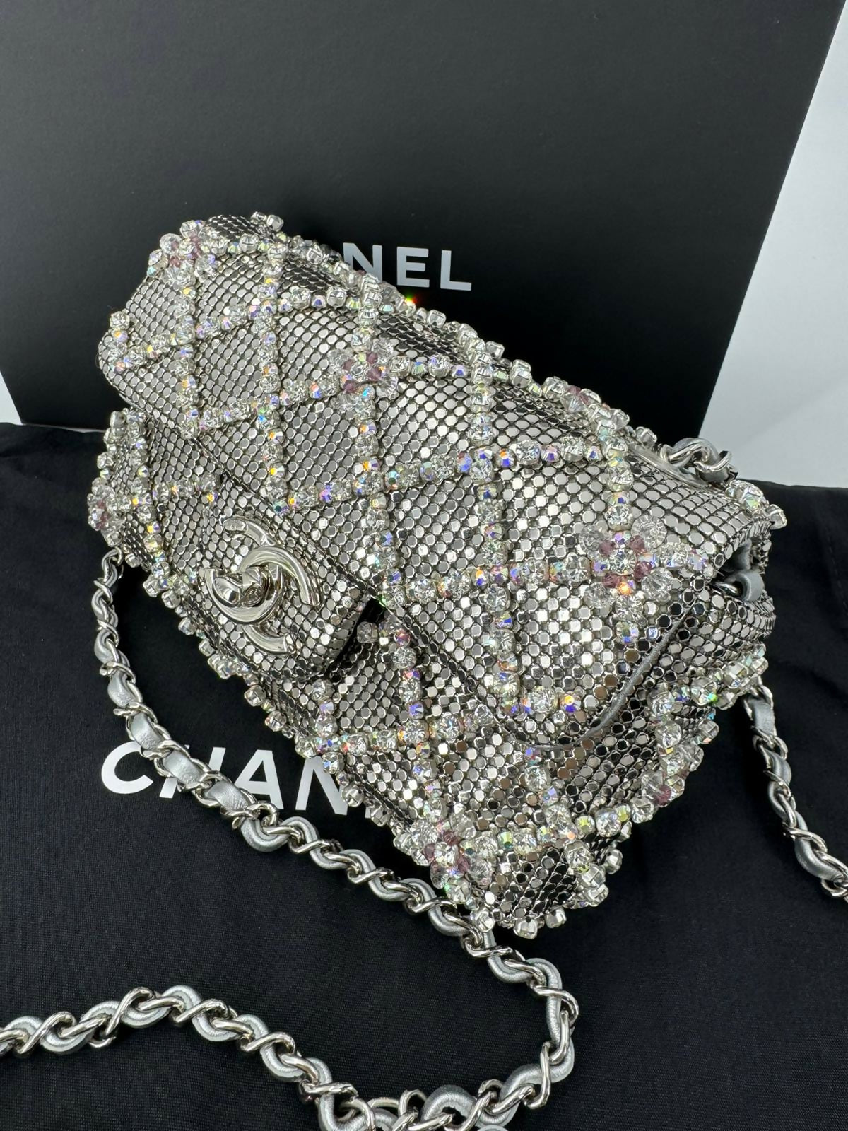 Chanel 2022 Rhinestone Strass & Metal Mini Flap Bag with Silver Tone Hardware