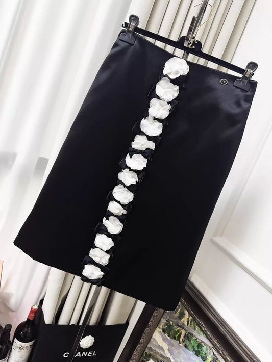 Chanel 20A Black Satin Camellia Skirt