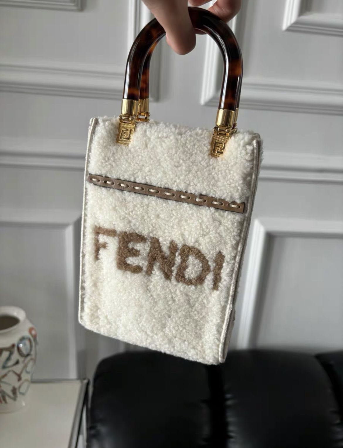 FENDI FENDI Sunshine Shopper mini leather-trimmed shearling tote - Mini Mini Bag - Used fashion item from Wararni