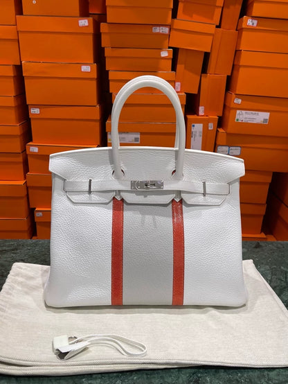 Hermes Birkin 35 white/pearl gray togo leather with red lizard leather palladium hardwre