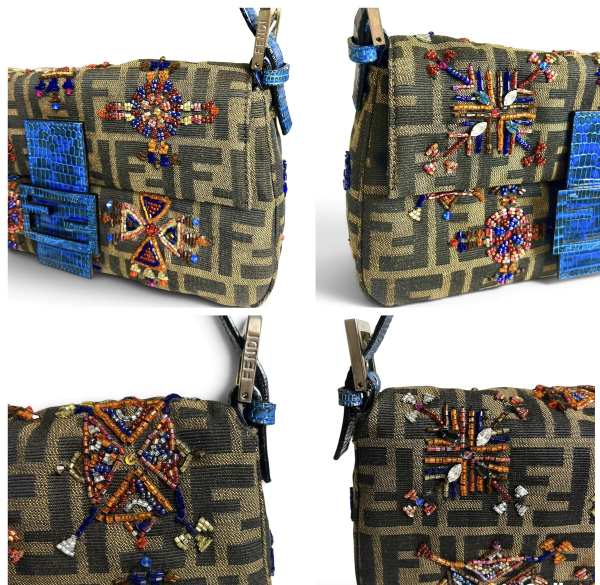 Fendi Vintage Blue Lizard Trimmed Embroidered Beaded Classic Zucca Baguette Bag