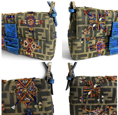 Fendi Vintage Blue Lizard Trimmed Embroidered Beaded Classic Zucca Baguette Bag