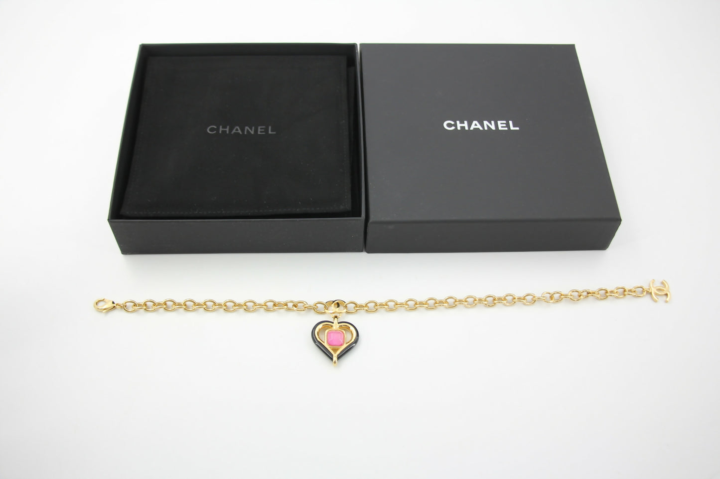 Chanel B23C Metal Black and Pink Heart-Shaped Pendant Gold Chain Necklace
