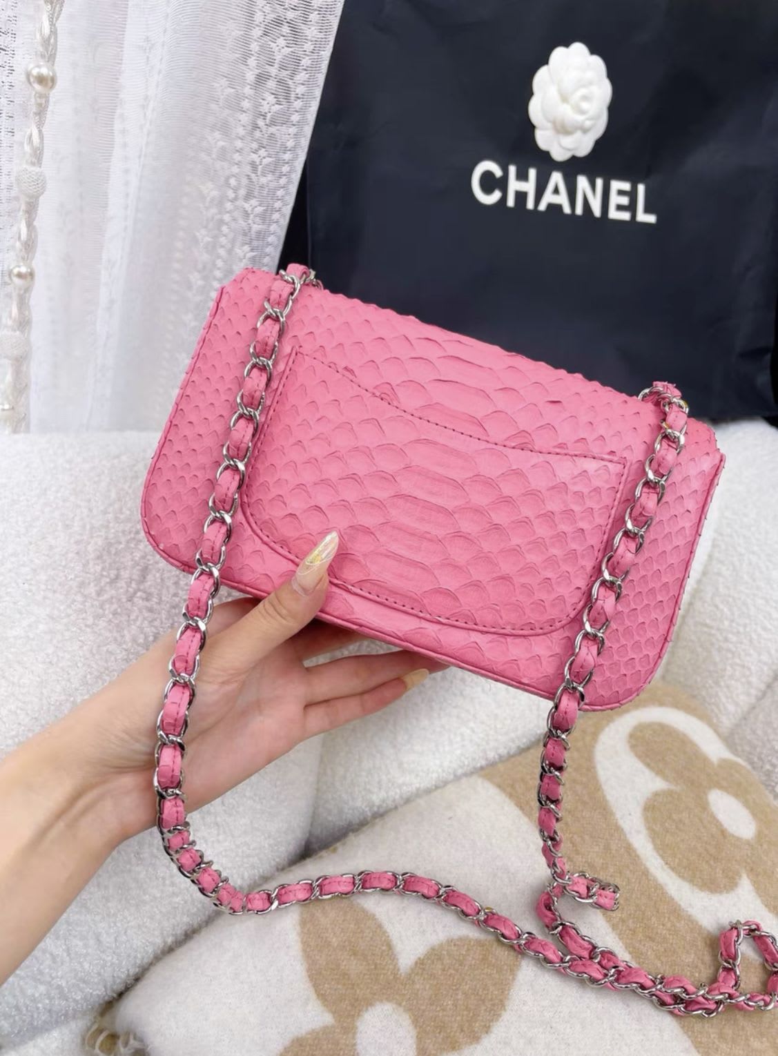 Chanel pink snake leather cf large mini